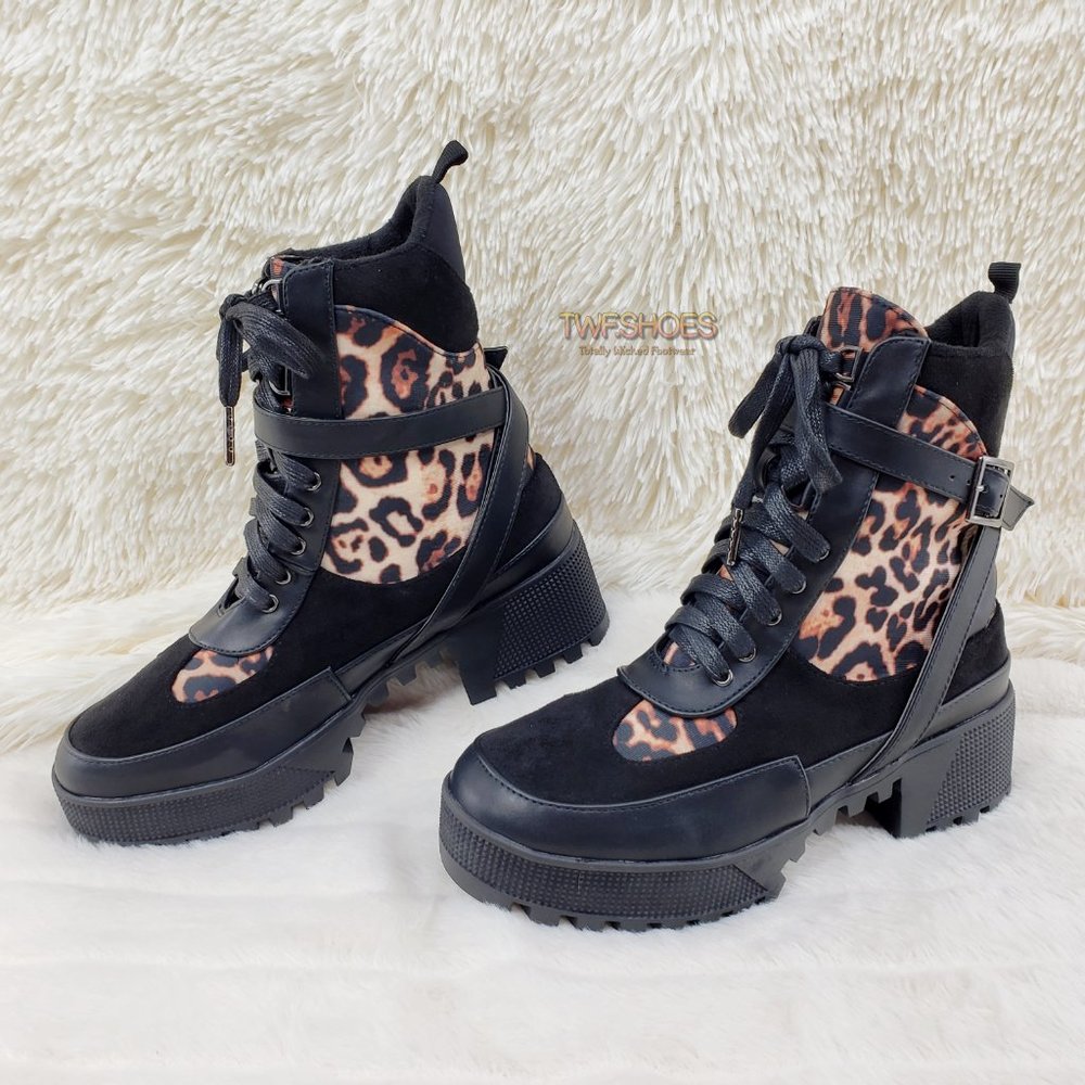 Chase Lug Sole Combat Ankle Boot Black Leopard - Picture 8 of 10